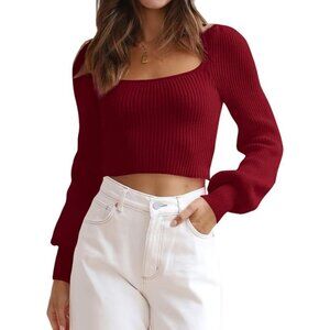Lacozy Women's Wine Red Sweater Trendy Long Sleeve Cropped Square Neck Shirts